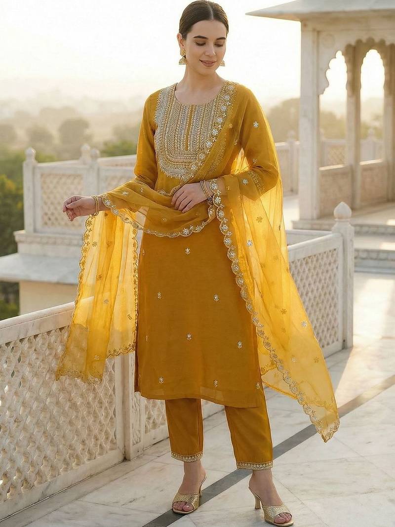 Women Ethnic Motifs Embroidered Regular Kurta with Trousers & With Dupatta