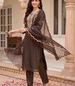 Women Ethnic Motifs Embroidered Regular Thread Work Liva Kurta with Trousers & With Dupatta