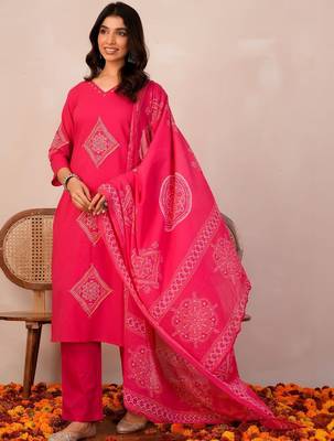 Women Ethnic Motifs Embroidered Regular Thread Work Pure Cotton Kurta with Trousers & With Dupatta 1