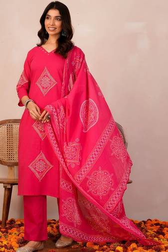Women Ethnic Motifs Embroidered Regular Thread Work Pure Cotton Kurta with Trousers & With Dupatta