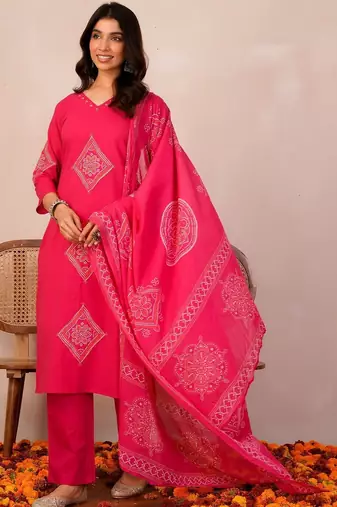Women Ethnic Motifs Embroidered Regular Thread Work Pure Cotton Kurta with Trousers & With Dupatta