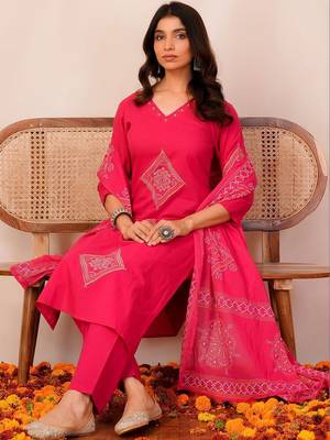 Women Ethnic Motifs Embroidered Regular Thread Work Pure Cotton Kurta with Trousers & With Dupatta 3
