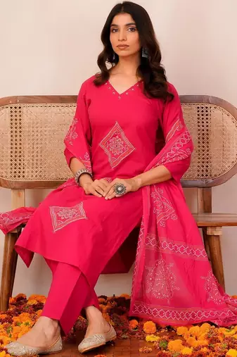 Women Ethnic Motifs Embroidered Regular Thread Work Pure Cotton Kurta with Trousers & With Dupatta