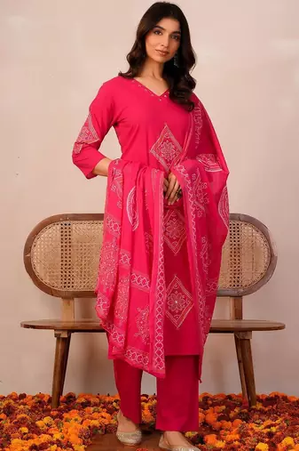 Women Ethnic Motifs Embroidered Regular Thread Work Pure Cotton Kurta with Trousers & With Dupatta
