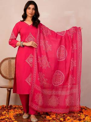 Women Ethnic Motifs Embroidered Regular Thread Work Pure Cotton Kurta with Trousers & With Dupatta 7