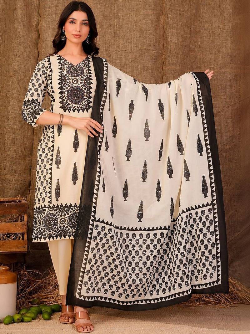 Women Ethnic Motifs Printed Regular Pure Cotton Kurta with Trousers & With Dupatta