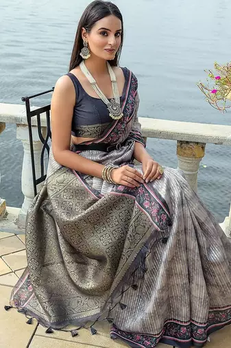 Ethnic Motifs Printed Zari Silk Cotton Saree