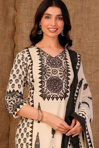 Women Ethnic Motifs Printed Regular Pure Cotton Kurta with Trousers & With Dupatta