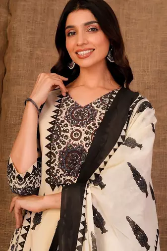 Women Ethnic Motifs Printed Regular Pure Cotton Kurta with Trousers & With Dupatta