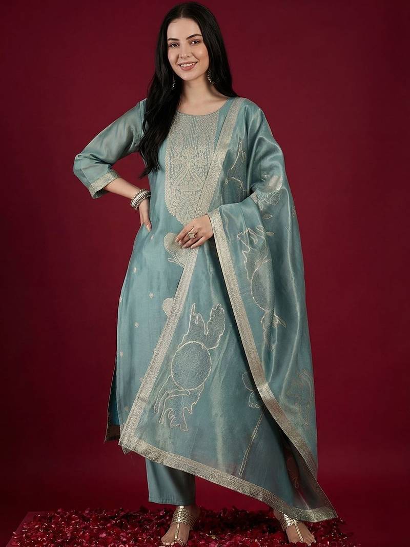 Women Ethnic Motifs Embroidered Regular Kurta with Trousers & With Dupatta