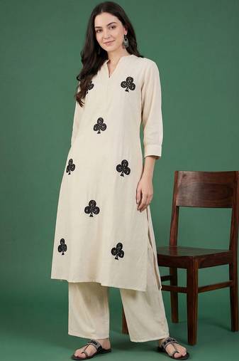 Women Embroidered Regular  Cotton Kurta with Palazzos