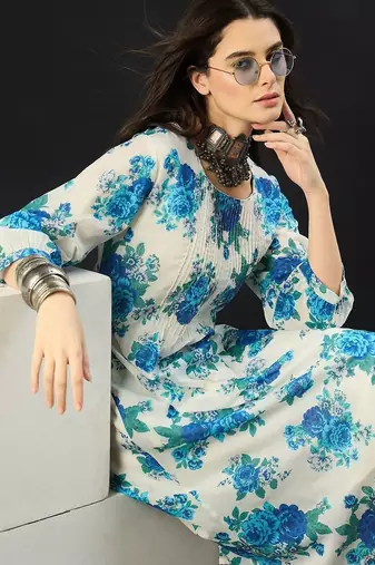 Women Floral Printed Pleated Pure Cotton Kurta with Trousers