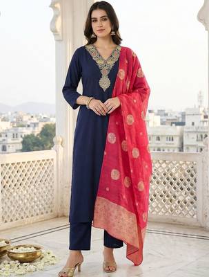Women Ethnic Motifs Embroidered Regular Kurta with Trousers & With Dupatta 5
