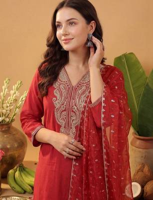 Women Ethnic Motifs Embroidered Regular Thread Work Liva Kurta with Trousers & With Dupatta 2