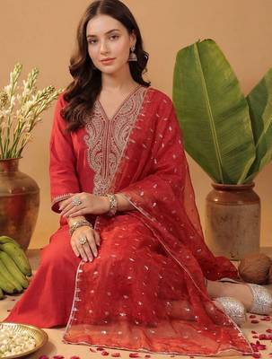 Women Ethnic Motifs Embroidered Regular Thread Work Liva Kurta with Trousers & With Dupatta 5