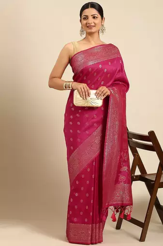 Fuchsia & Gold-Toned Woven Design Jute Silk Banarasi Saree