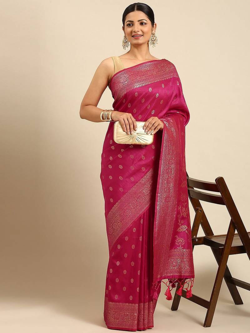 Fuchsia & Gold-Toned Woven Design Jute Silk Banarasi Saree