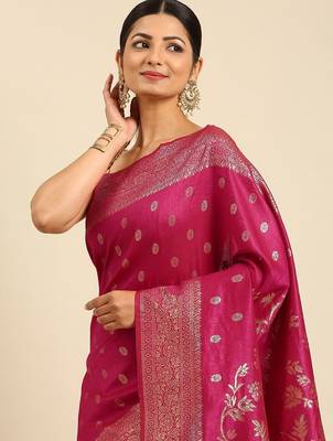 Fuchsia & Gold-Toned Woven Design Jute Silk Banarasi Saree 2