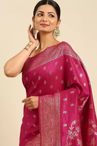 Fuchsia & Gold-Toned Woven Design Jute Silk Banarasi Saree