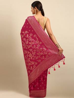 Fuchsia & Gold-Toned Woven Design Jute Silk Banarasi Saree 3