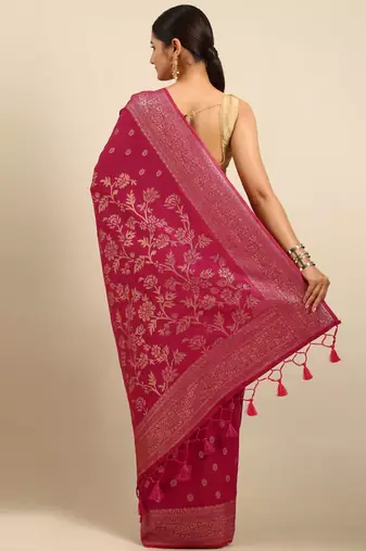 Fuchsia & Gold-Toned Woven Design Jute Silk Banarasi Saree