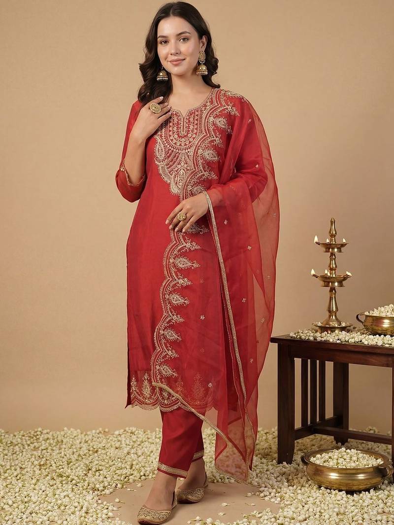 Women Ethnic Motifs Embroidered Thread Work Kurta with Trousers & With Dupatta