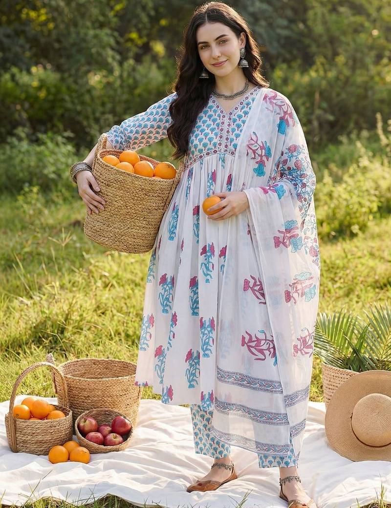 Women Floral Printed Empire Pure Cotton Kurta with Trousers & With Dupatta