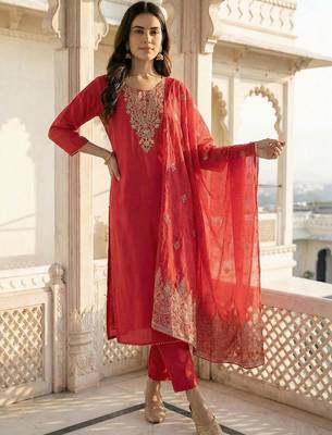 Women Ethnic Motifs Embroidered Regular Kurta with Trousers & With Dupatta 3