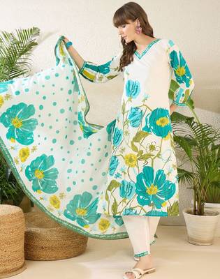 Women Floral Printed Regular Pure Cotton Kurta with Trousers & With Dupatta 1