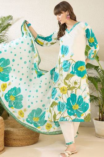 Women Floral Printed Regular Pure Cotton Kurta with Trousers & With Dupatta