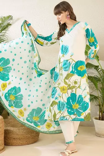 Women Floral Printed Regular Pure Cotton Kurta with Trousers & With Dupatta