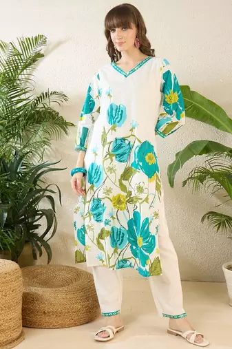 Women Floral Printed Regular Pure Cotton Kurta with Trousers & With Dupatta