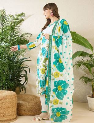 Women Floral Printed Regular Pure Cotton Kurta with Trousers & With Dupatta 4