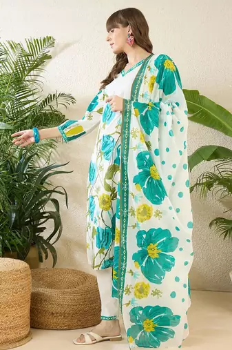 Women Floral Printed Regular Pure Cotton Kurta with Trousers & With Dupatta
