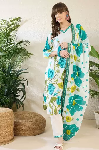 Women Floral Printed Regular Pure Cotton Kurta with Trousers & With Dupatta