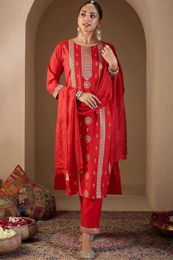 Women Ethnic Motifs Embroidered Regular Thread Work Kurta with Trousers & With Dupatta