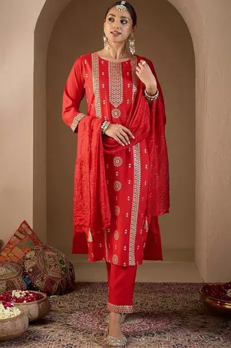Women Ethnic Motifs Embroidered Regular Thread Work Kurta with Trousers & With Dupatta
