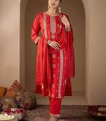 Women Ethnic Motifs Embroidered Regular Thread Work Kurta with Trousers & With Dupatta