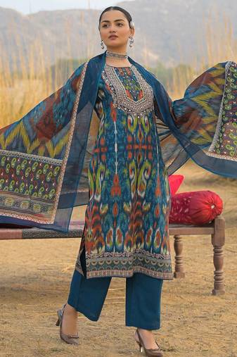 Women Ethnic Motifs Printed Regular Mirror Work Pure Cotton Kurta with Trousers & With Dupatta