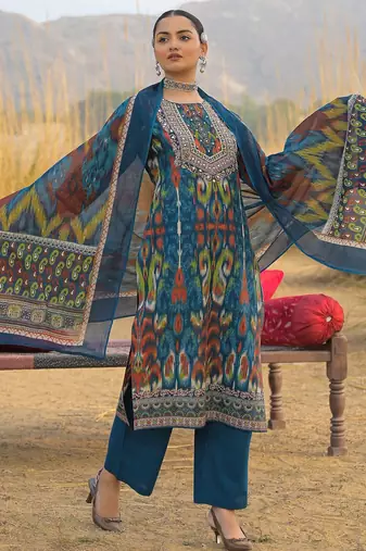 Women Ethnic Motifs Printed Regular Mirror Work Pure Cotton Kurta with Trousers & With Dupatta