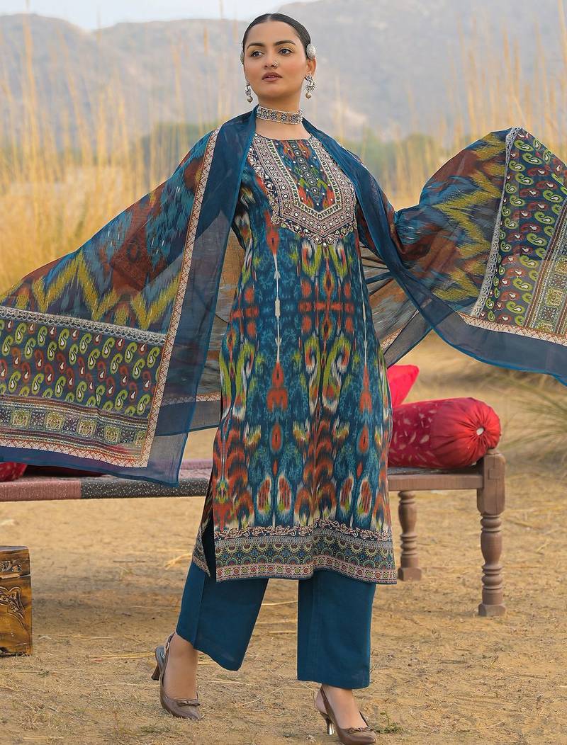 Women Ethnic Motifs Printed Regular Mirror Work Pure Cotton Kurta with Trousers & With Dupatta