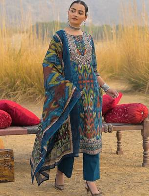 Women Ethnic Motifs Printed Regular Mirror Work Pure Cotton Kurta with Trousers & With Dupatta 2