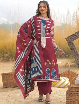 Women Ethnic Motifs Printed Regular Mirror Work Pure Cotton Kurta with Trousers & With Dupatta 1