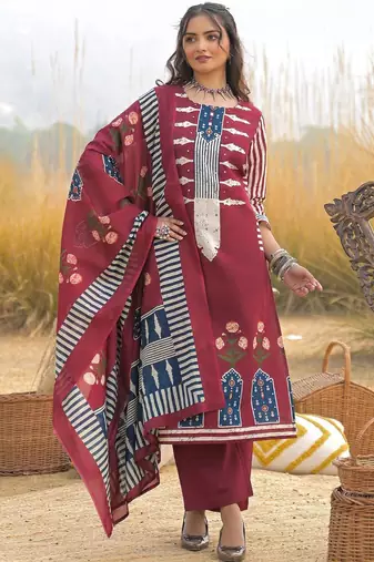 Women Ethnic Motifs Printed Regular Mirror Work Pure Cotton Kurta with Trousers & With Dupatta