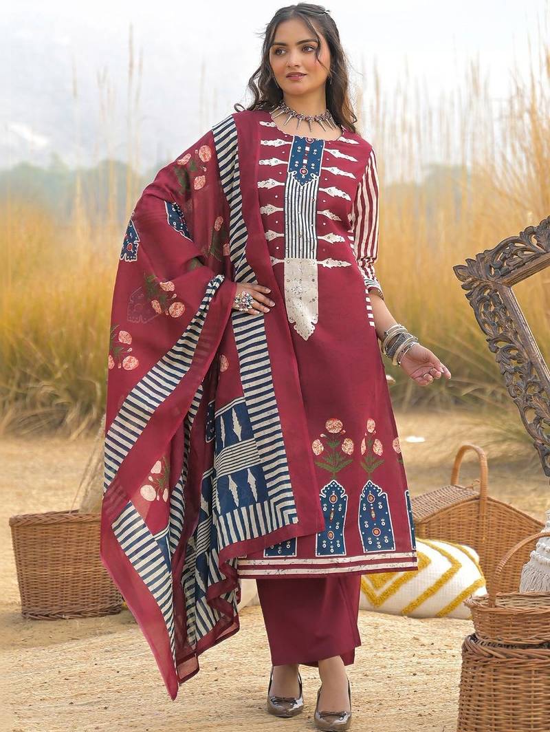 Women Ethnic Motifs Printed Regular Mirror Work Pure Cotton Kurta with Trousers & With Dupatta