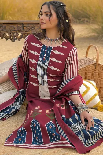 Women Ethnic Motifs Printed Regular Mirror Work Pure Cotton Kurta with Trousers & With Dupatta