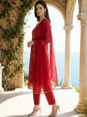 Women Ethnic Motifs Printed Regular Thread Work Kurta with Trousers & With Dupatta 4