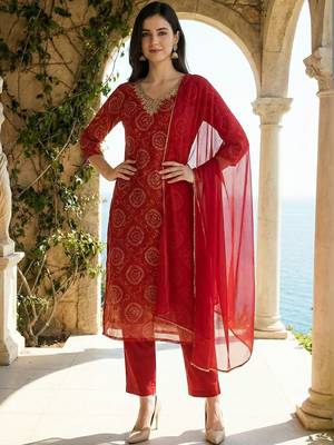 Women Ethnic Motifs Printed Regular Thread Work Kurta with Trousers & With Dupatta 5