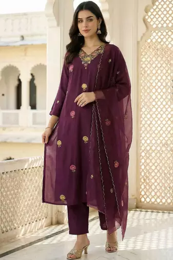 Women Ethnic Motifs Embroidered Regular Thread Work Kurta with Trousers & With Dupatta