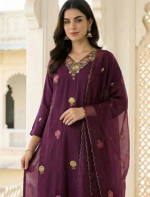 Women Ethnic Motifs Embroidered Regular Thread Work Kurta with Trousers & With Dupatta 5